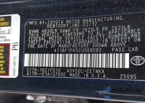 2012 Toyota Camry Le z USA, uszkodzony, nr VIN 4T1BF1FK5CU068082